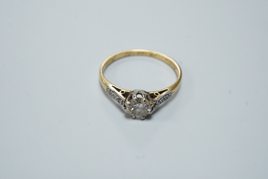 A diamond ring, mid 20th century, claw-set with a circular-cut diamond weighing approximately 0.50 carats, to shoulders set with single-cut diamonds, mounted in gold, size O, inscribed 'Molly 16-10-37 John', gross weight